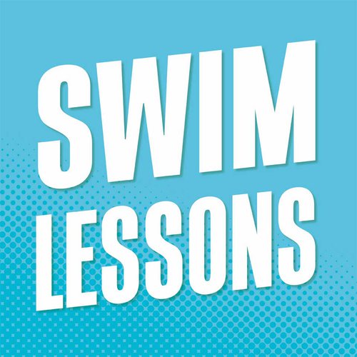 Swim Lessons Text on Blue background